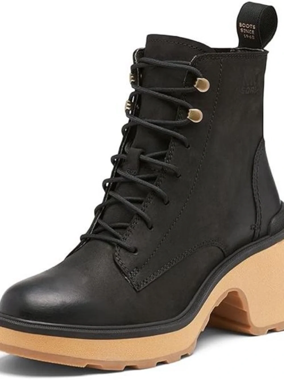 Sorel Black Leather Lace-Up Ankle Boots with Tan Lug Heel
